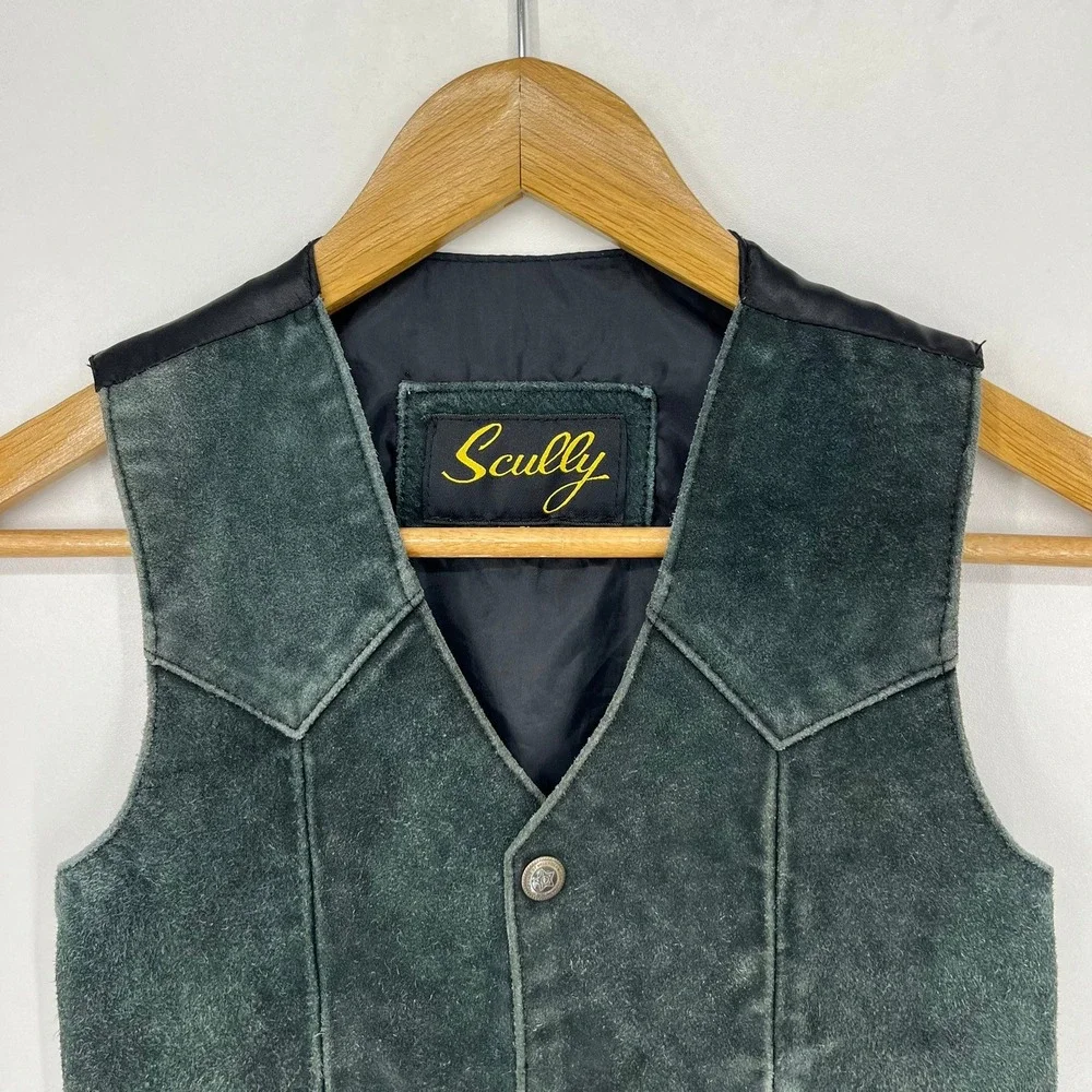 Scully Kids Green Suede Leather Western Vest Silver Tone Button Snap Size S
